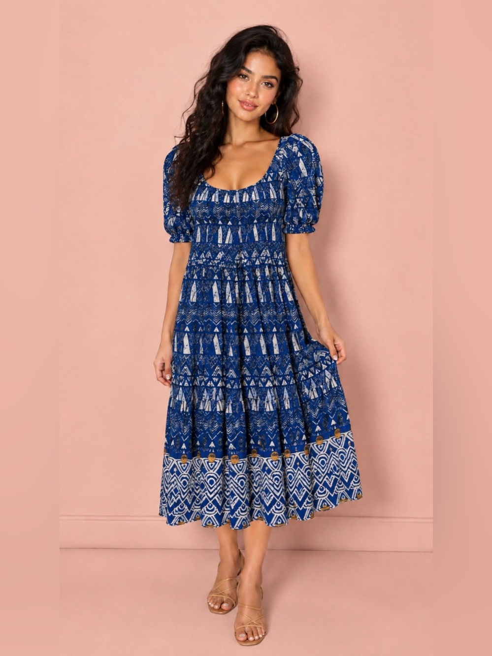 Blue Printed Midi Dress with Puff Sleeves